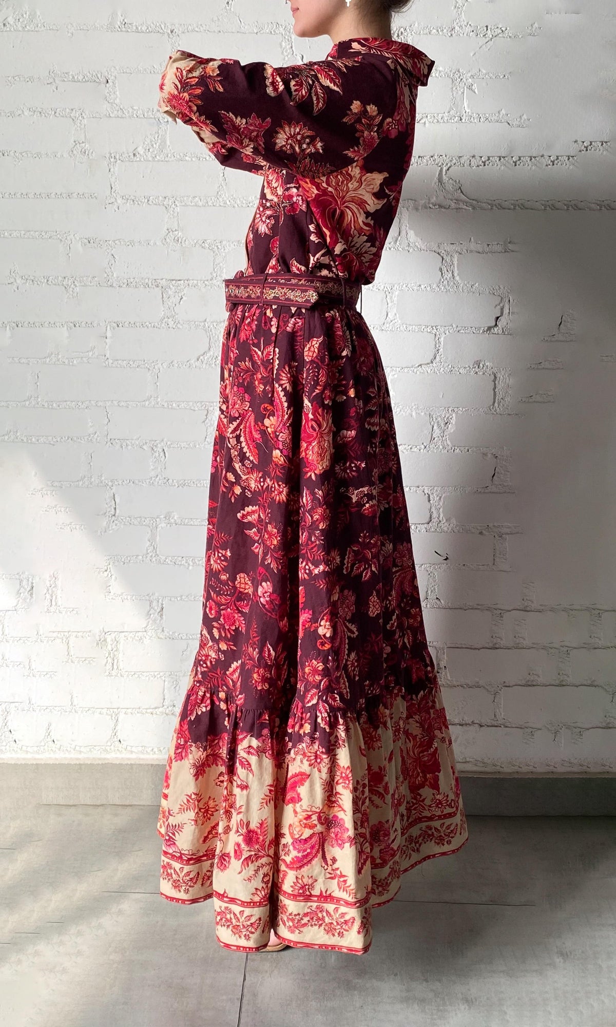 Womens | Aafa Linen Cotton Long Skirt | Red/Beige
