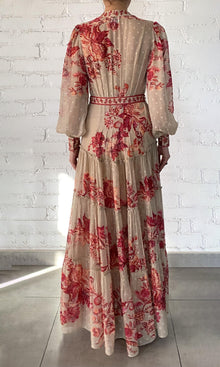 Womens | Aafa Viscose Georgette Stripe Lurex Long Shirt Dress With Tie Up Belt And Slip | Red Beige