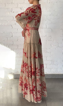 Womens | Aafa Viscose Georgette Stripe Lurex Long Shirt Dress With Tie Up Belt And Slip | FA24 | Red Beige