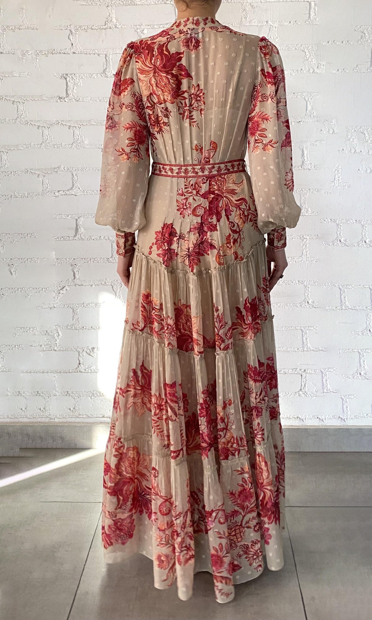 Womens | Aafa Viscose Georgette Stripe Lurex Long Shirt Dress With Tie Up Belt And Slip | FA24 | Red Beige