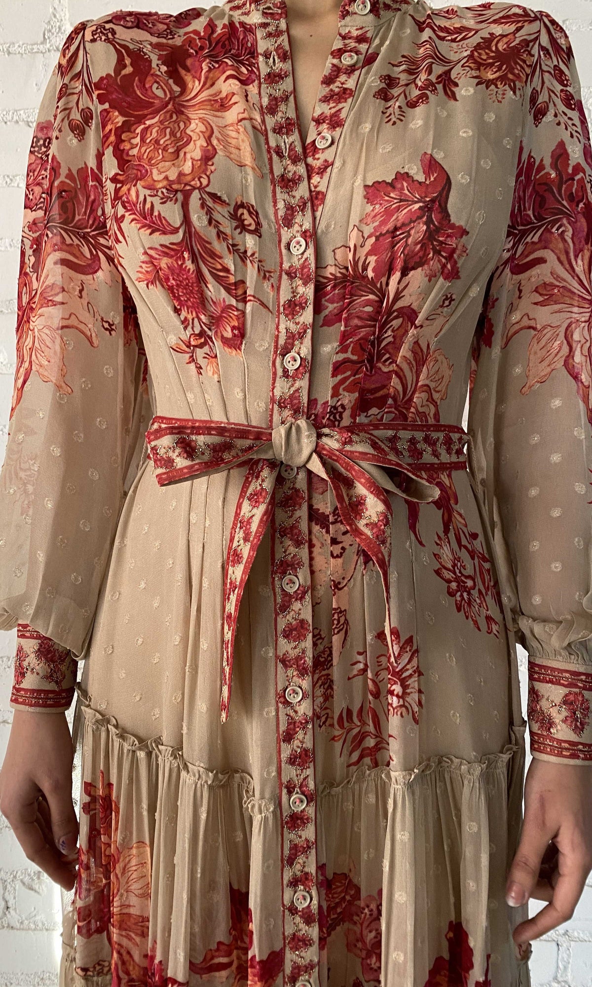 Womens | Aafa Viscose Georgette Stripe Lurex Long Shirt Dress With Tie Up Belt And Slip | FA24 | Red Beige