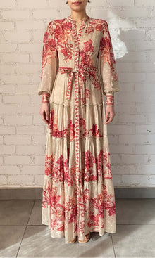Womens | Aafa Viscose Georgette Gold Lurex Boota Long Dress | Red Beige