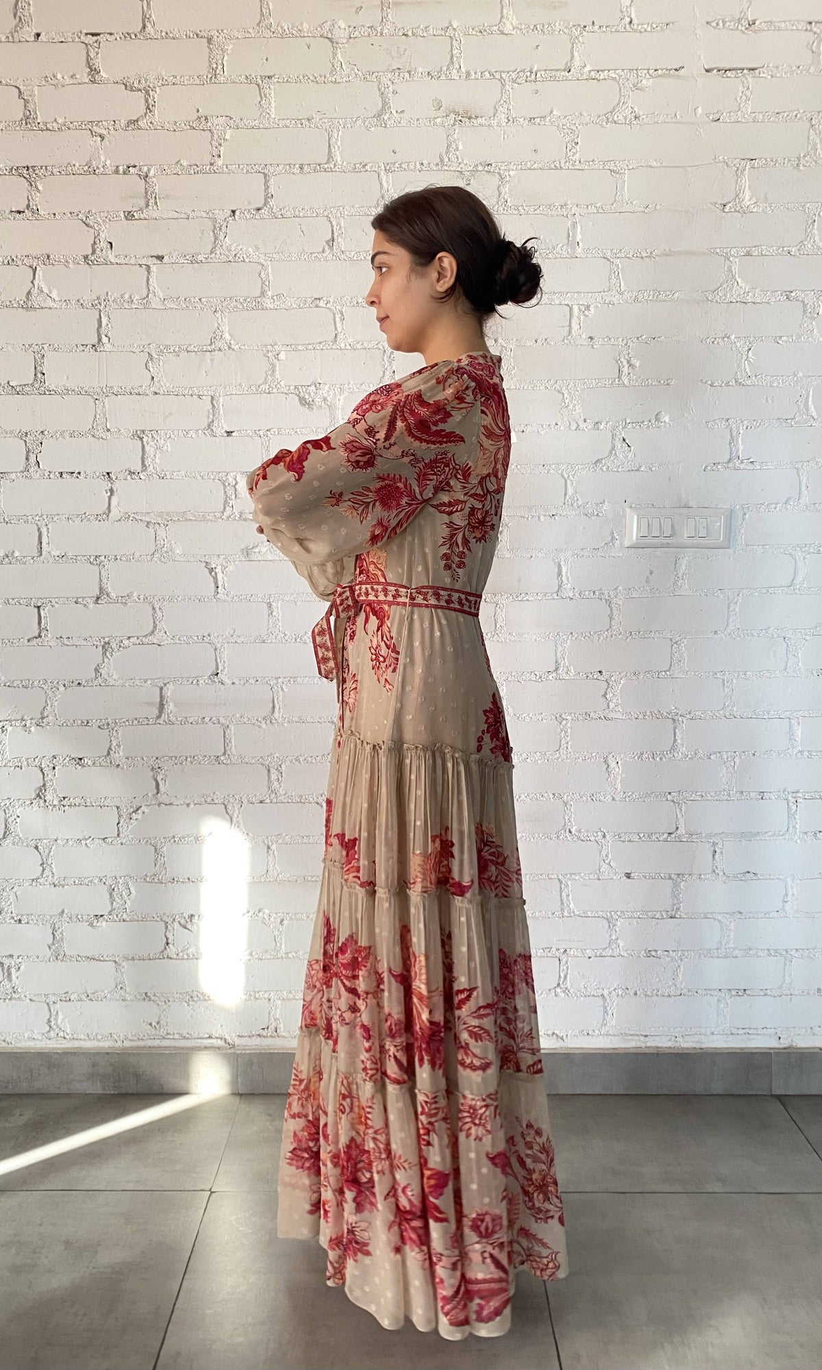 Womens | Aafa Viscose Georgette Gold Lurex Boota Long Dress | Red Beige