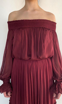 Womens | Aayu Viscose Flat Chiffon Smocked Detailed Off Shoudler Top | Burgundy