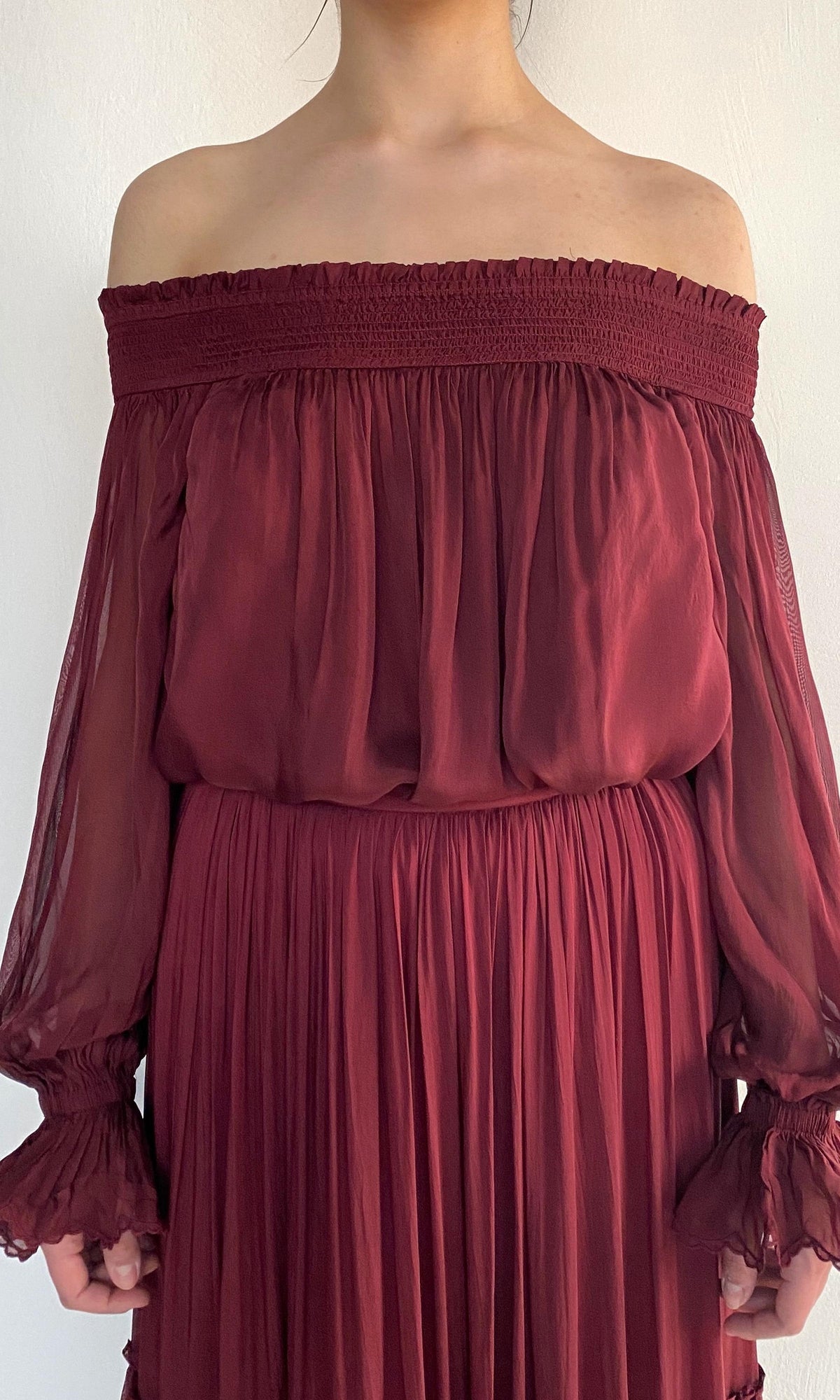 Womens | Aayu Viscose Flat Chiffon Smocked Detailed Off Shoudler Top | Burgundy