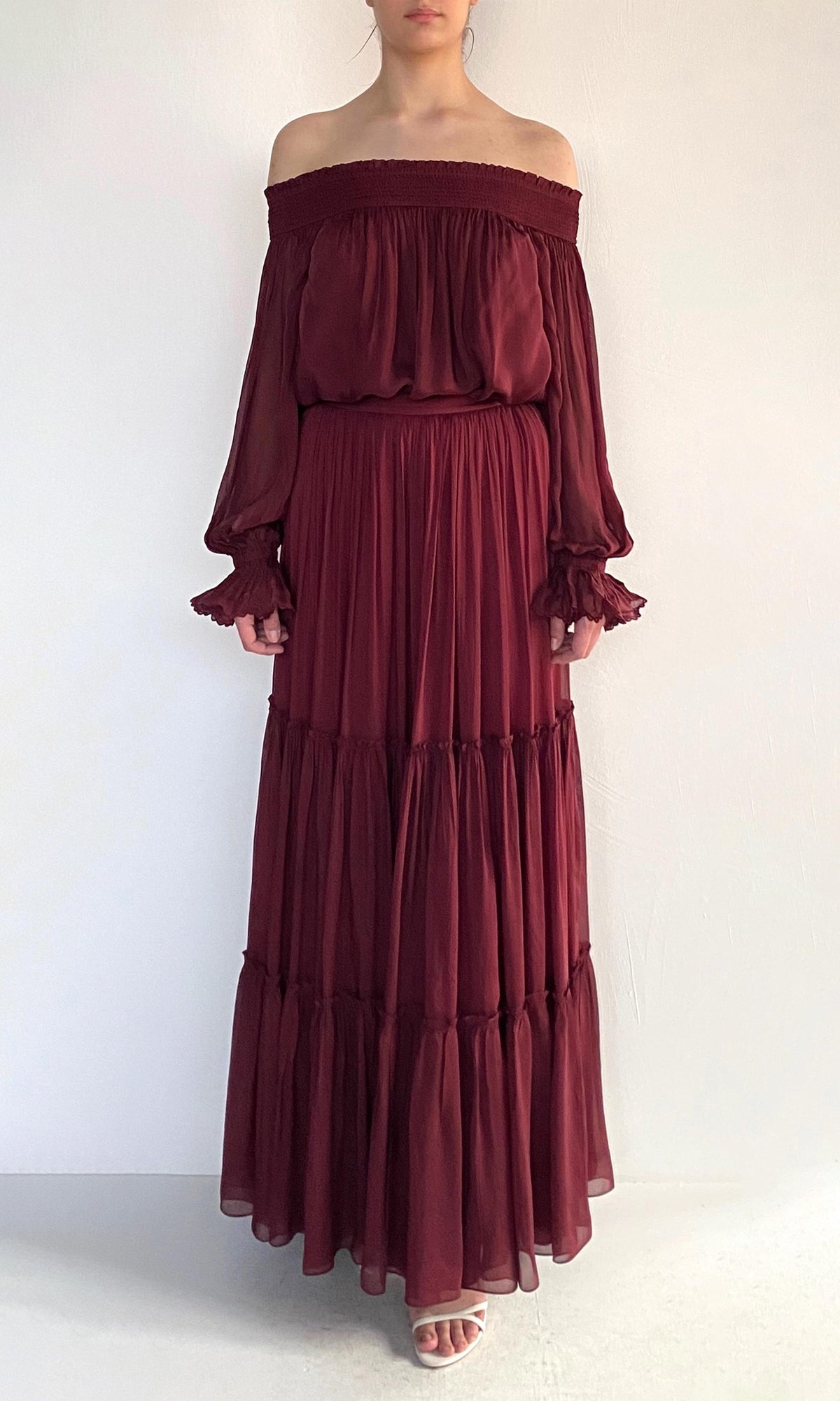 Womens | Aayu Viscose Flat Chiffon Smocked Detailed Off Shoudler Top | Burgundy
