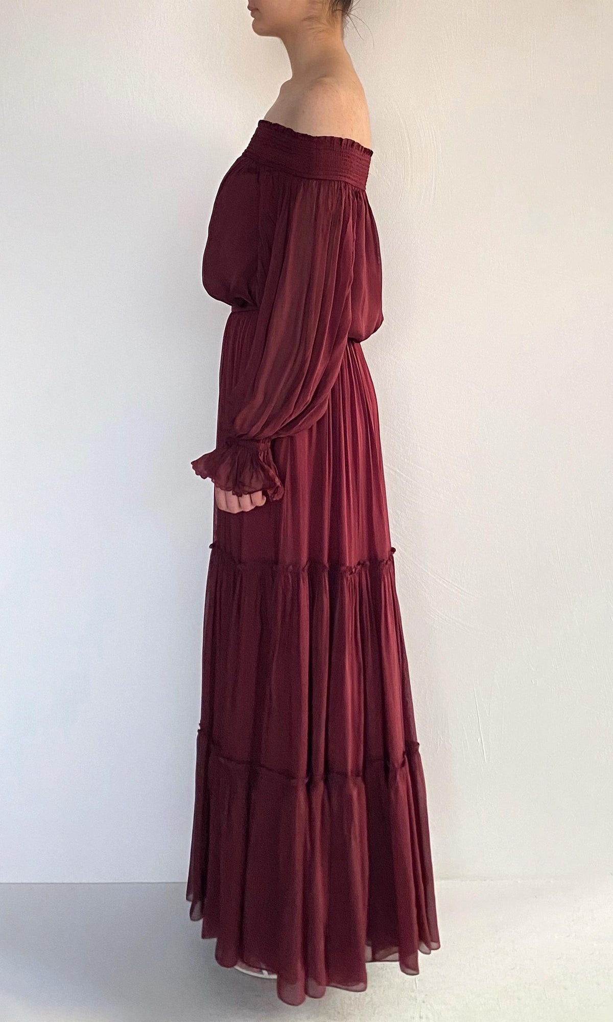Womens | Aayu Viscose Flat Chiffon Smocked Detailed Off Shoudler Top | Burgundy