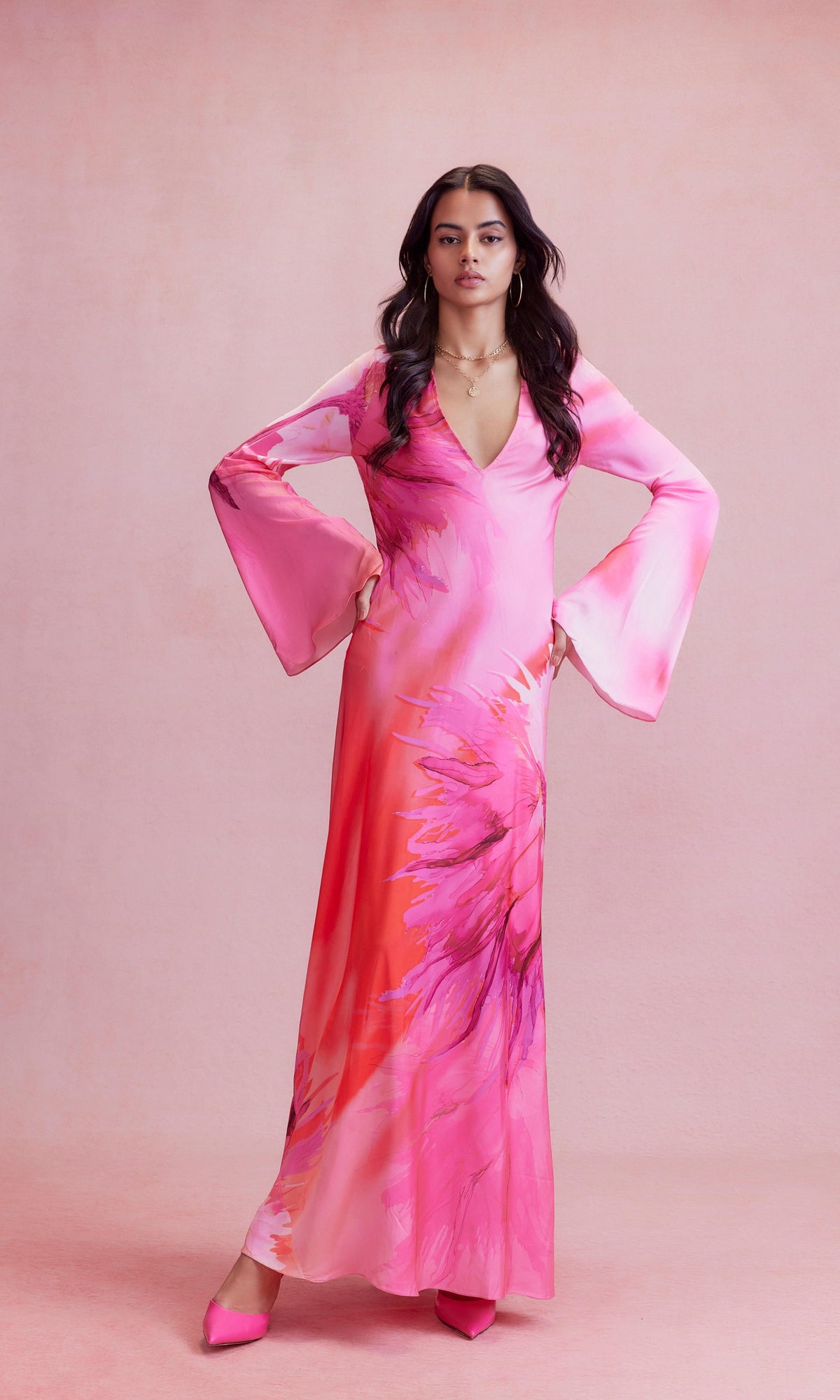 Womens | Abira Polyester Satin Lycra Long Dress - I | Pink