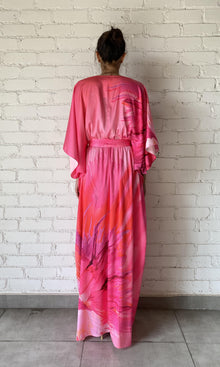 Womens | Abira Polyester Satin Lycra Long Kaftan With Belt | Pink