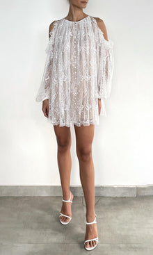 Womens | Adra Nylon Flower Cold Shoulder Ruffle Mini Dress | Off White