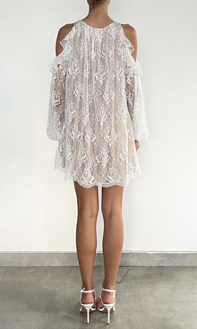 Womens | Adra Nylon Flower Cold Shoulder Ruffle Mini Dress | Off White