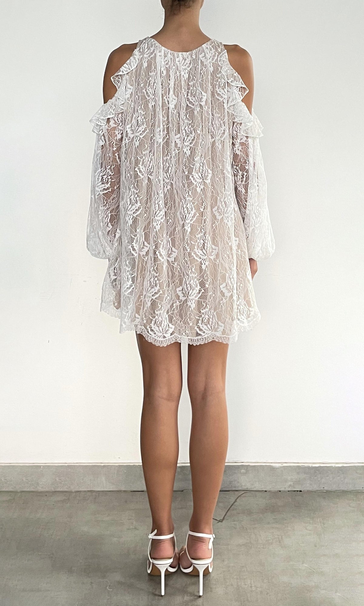 Womens | Adra Nylon Flower Cold Shoulder Ruffle Mini Dress | Off White