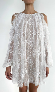 Womens | Adra Nylon Flower Cold Shoulder Ruffle Mini Dress | Off White