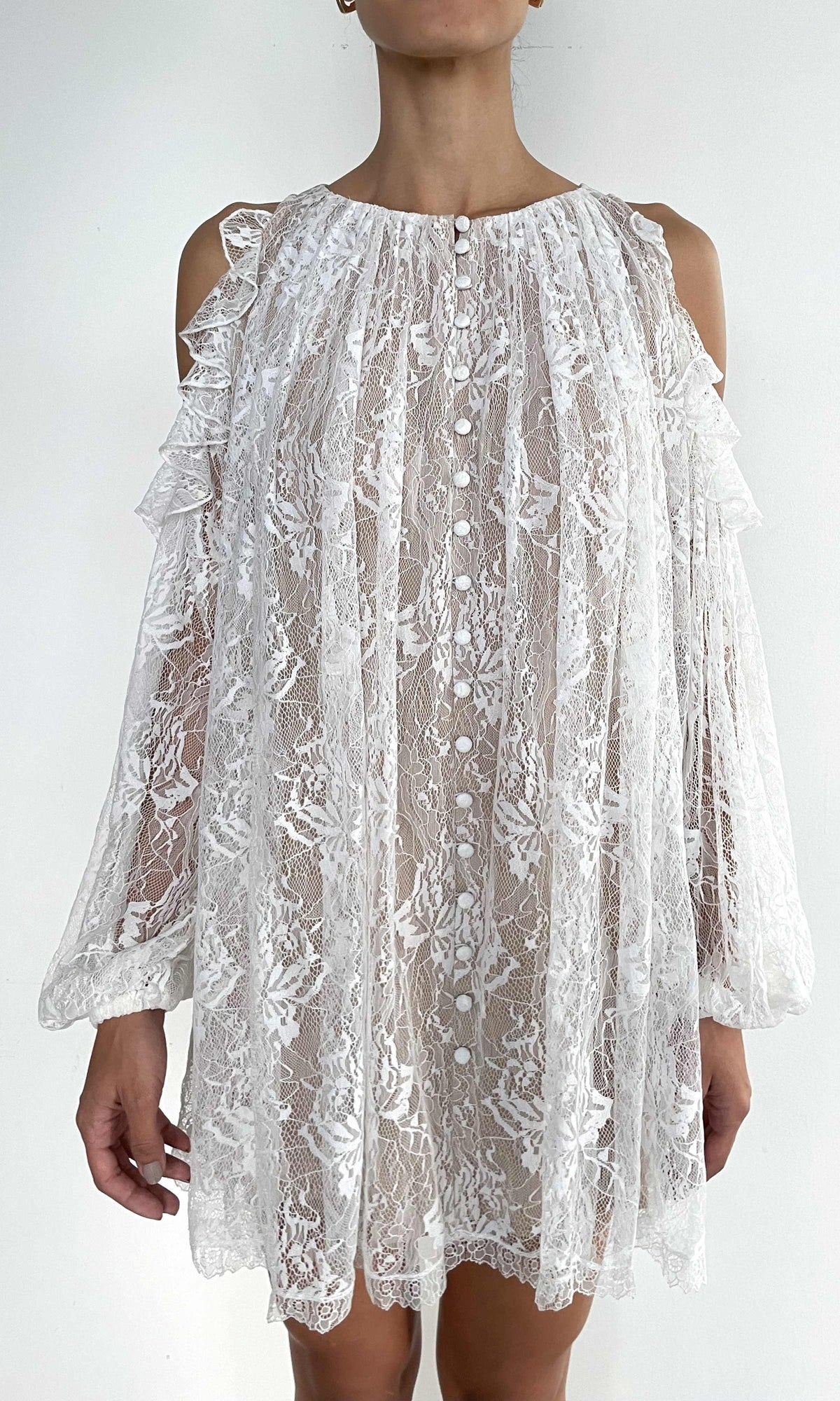 Womens | Adra Nylon Flower Cold Shoulder Ruffle Mini Dress | Off White
