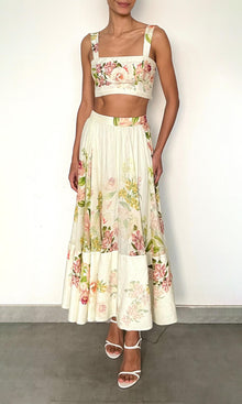 Womens | Aiva Viscose Organza Linen Midi Skirt | Ivory Floral