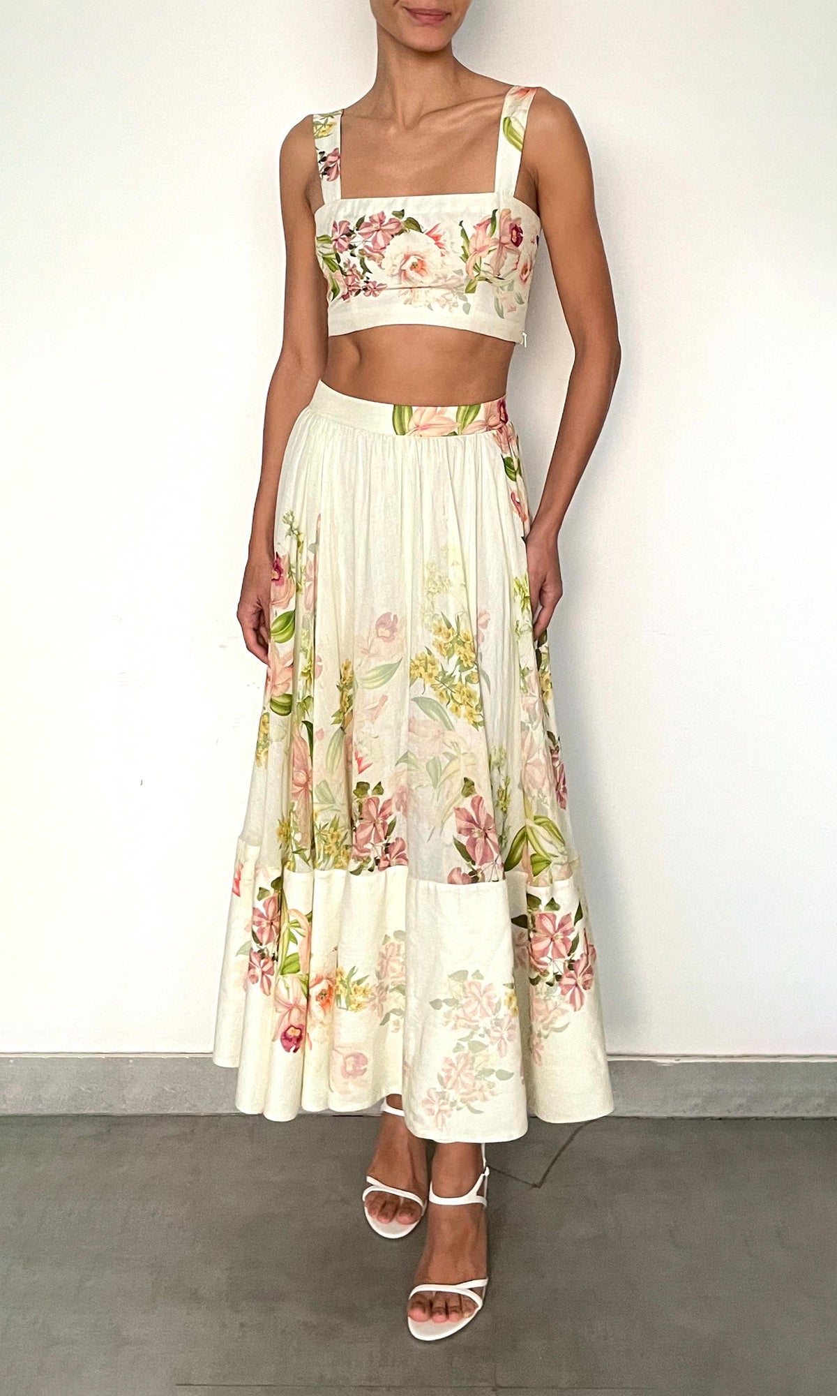 Womens | Aiva Viscose Organza Linen Midi Skirt | Ivory Floral