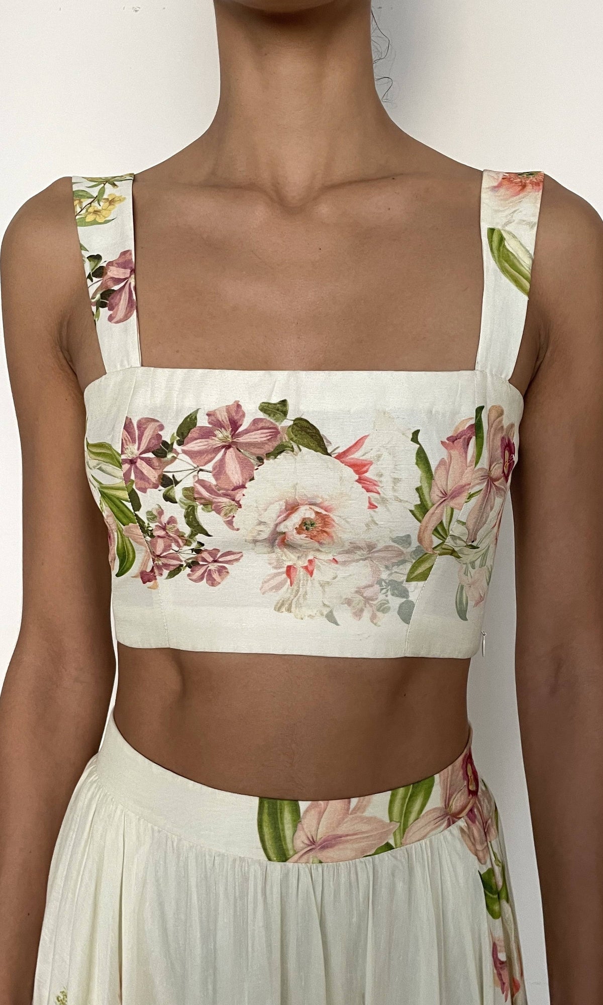 Womens | Aiva Viscose Organza Linen Corset Top | Ivory Floral