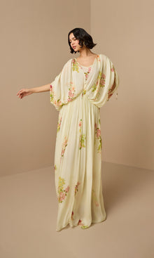 Womens | Aiva Viscose Flat Chiffon Ruched Waist Kaftan With Slip | Ivory Floral