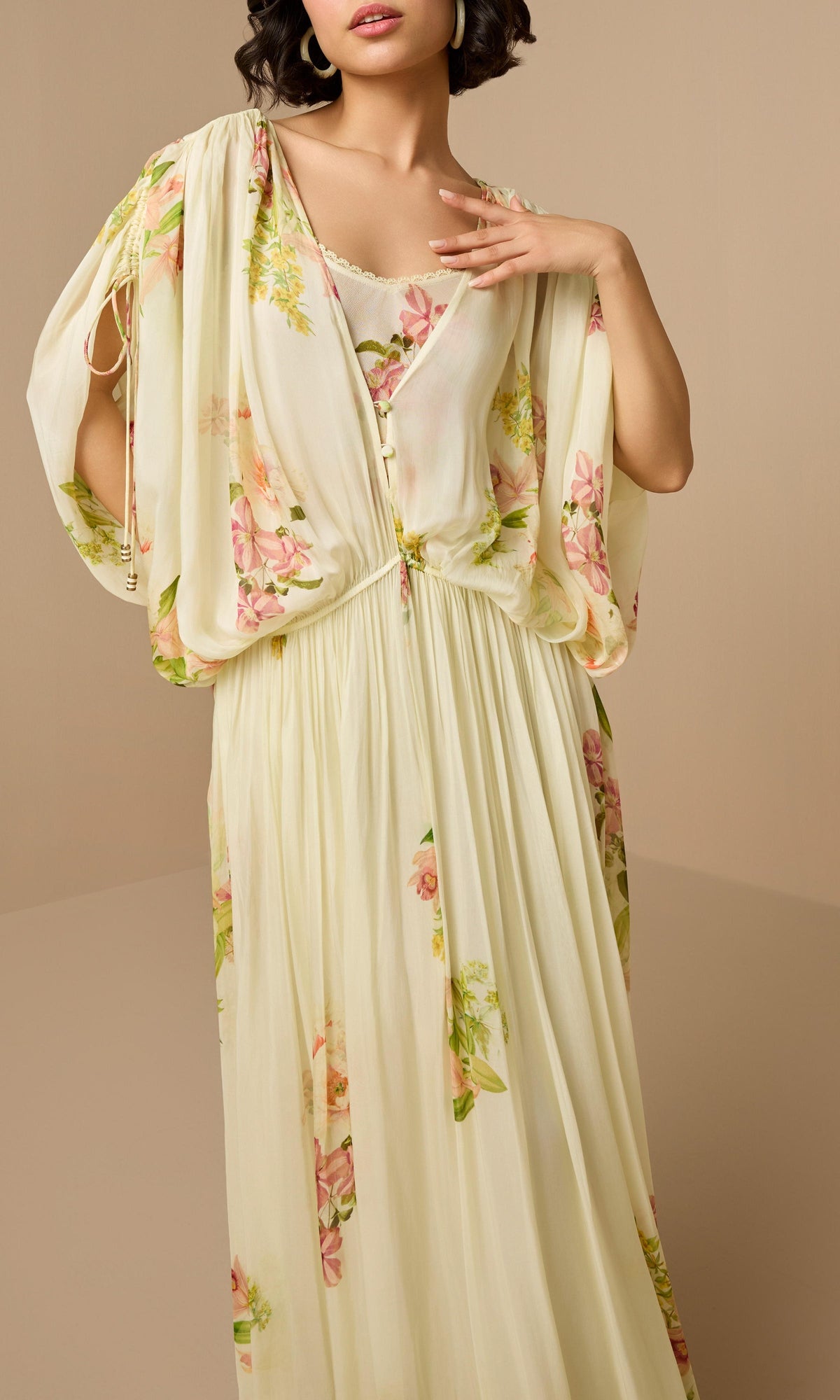 Womens | Aiva Viscose Flat Chiffon Ruched Waist Kaftan With Slip | Ivory Floral