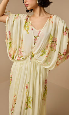 Womens | Aiva Viscose Flat Chiffon Ruched Waist Kaftan With Slip | Ivory Floral