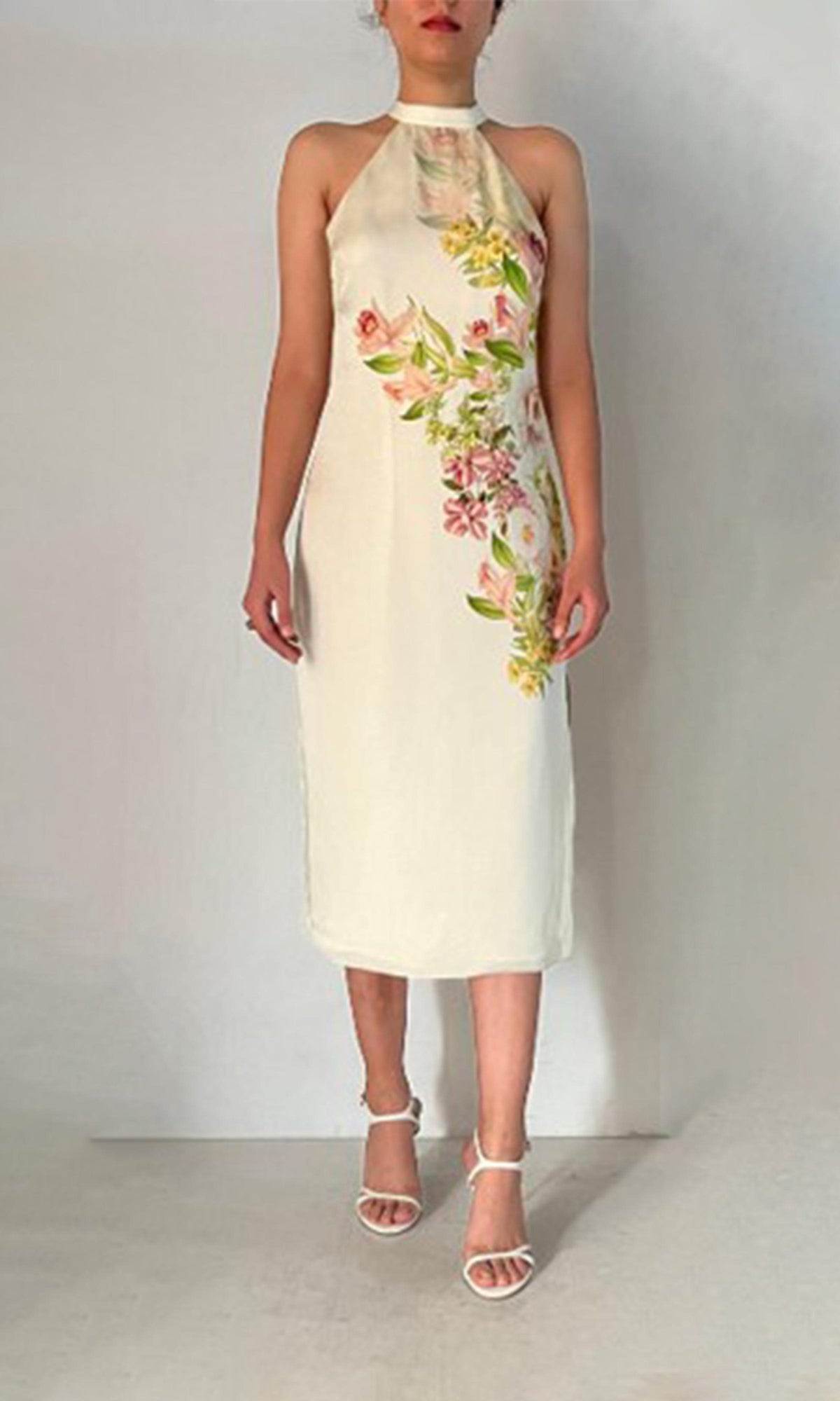 Womens | Aiva Viscose Satin Midi Dress With Slit | Ivory Floral