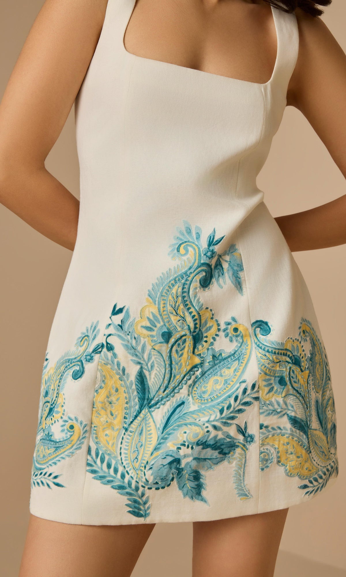 Womens | Amari Linen Cotton Square Neck Mini Dress | White Floral