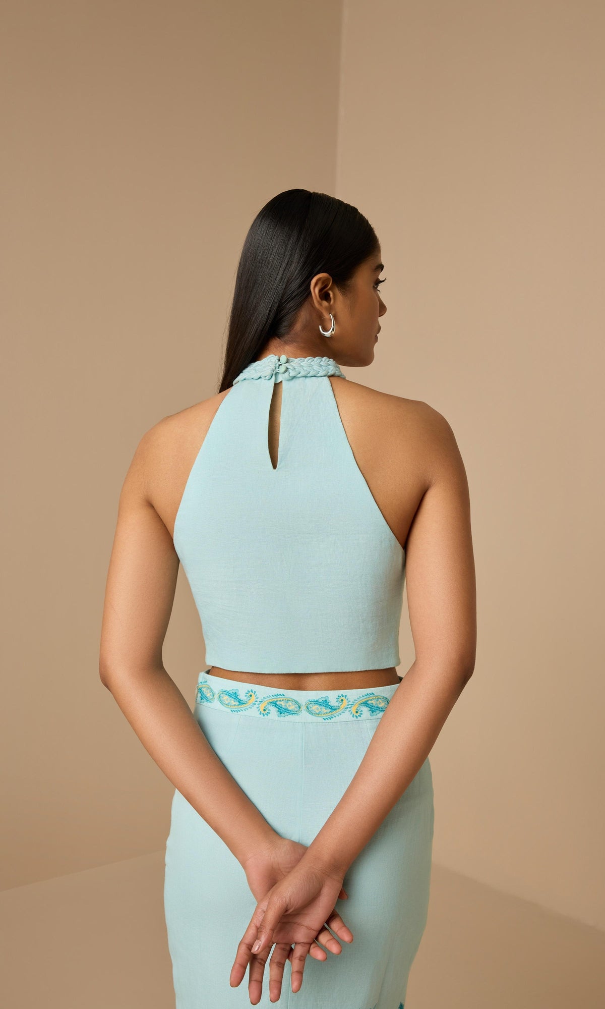 Womens | Amari Linen Cotton Halter Neck Top | Turquoise Multi