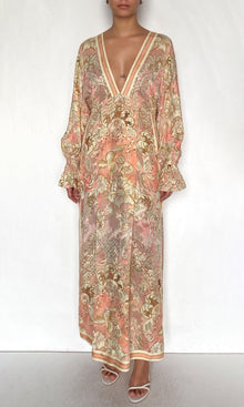 Womens | Anah Viscose Flower Jacquard Maxi Kaftan With Printed Slip | Peach