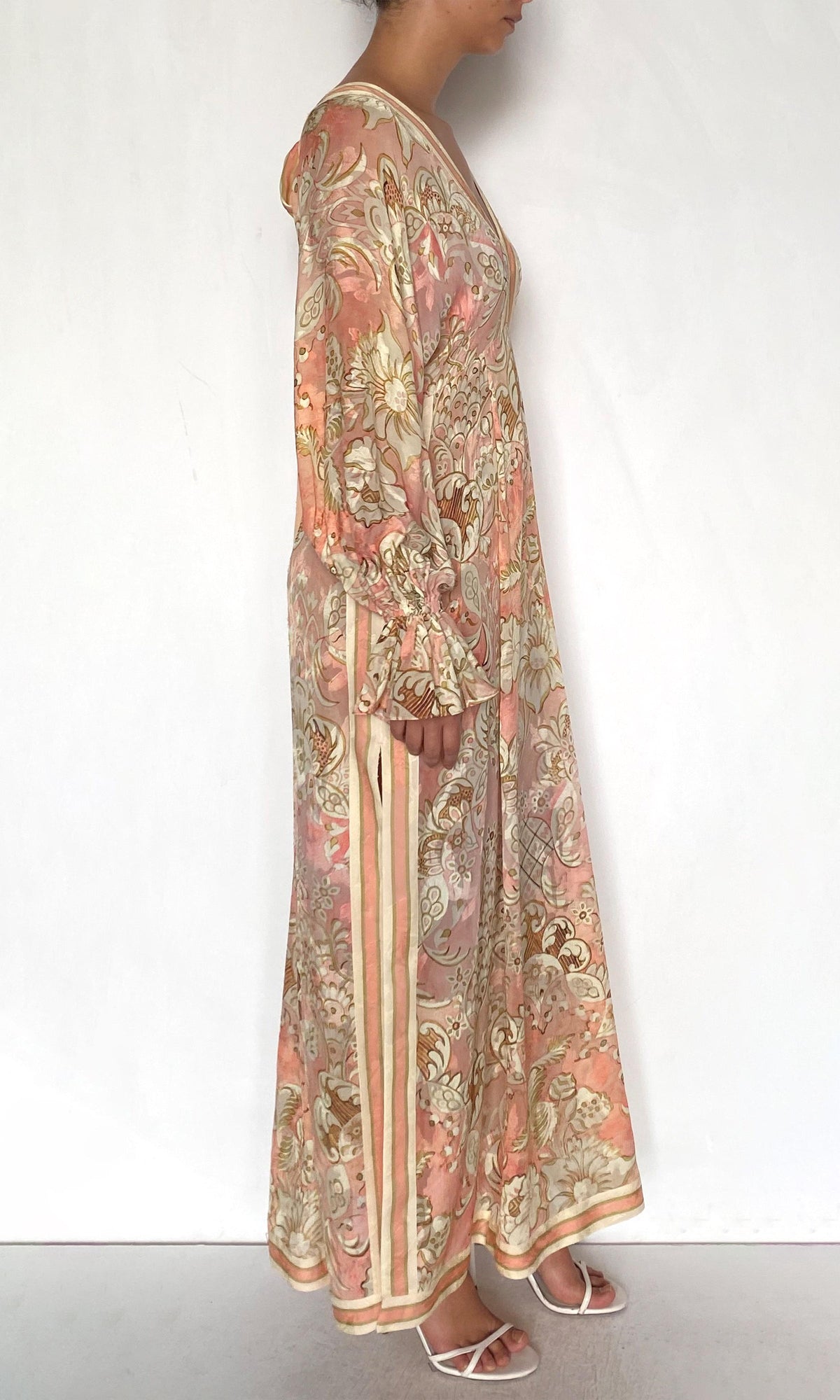 Womens | Anah Viscose Flower Jacquard Maxi Kaftan With Printed Slip | Peach