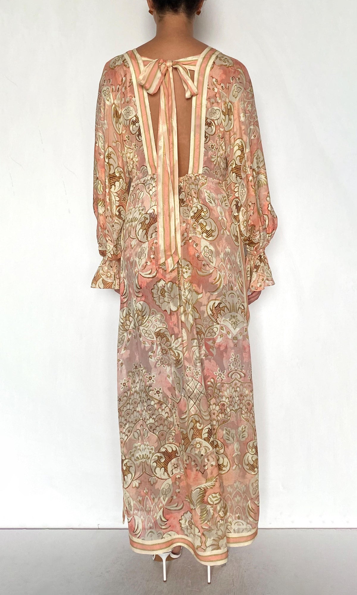 Womens | Anah Viscose Flower Jacquard Maxi Kaftan With Printed Slip | Peach