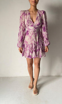 Womens | Anay Viscose Georgette Silver Gold Stripe Short Dress | White/Purple