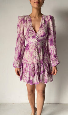 Womens | Anay Viscose Georgette Silver Gold Stripe Short Dress | White/Purple