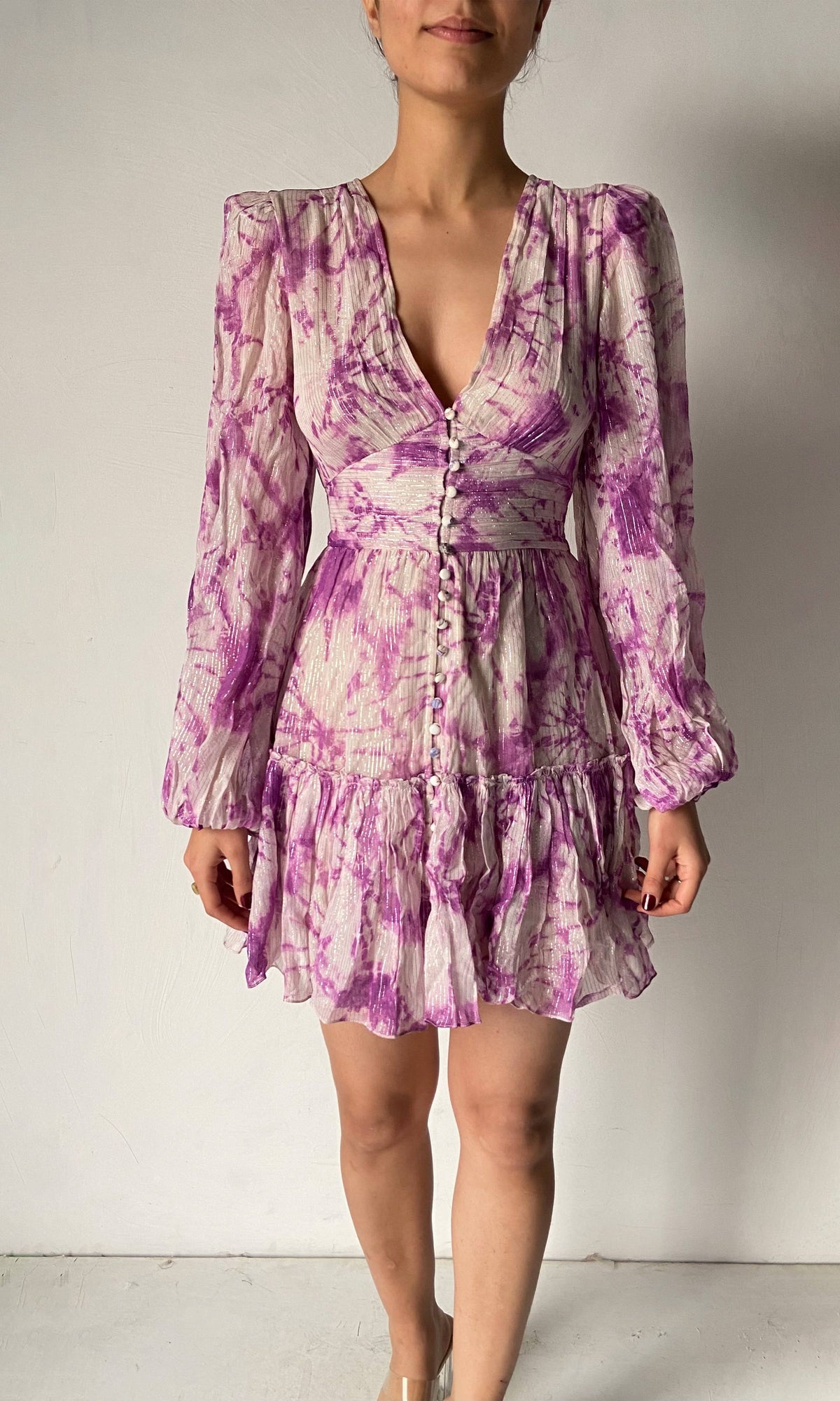 Womens | Anay Viscose Georgette Silver Gold Stripe Short Dress | White/Purple