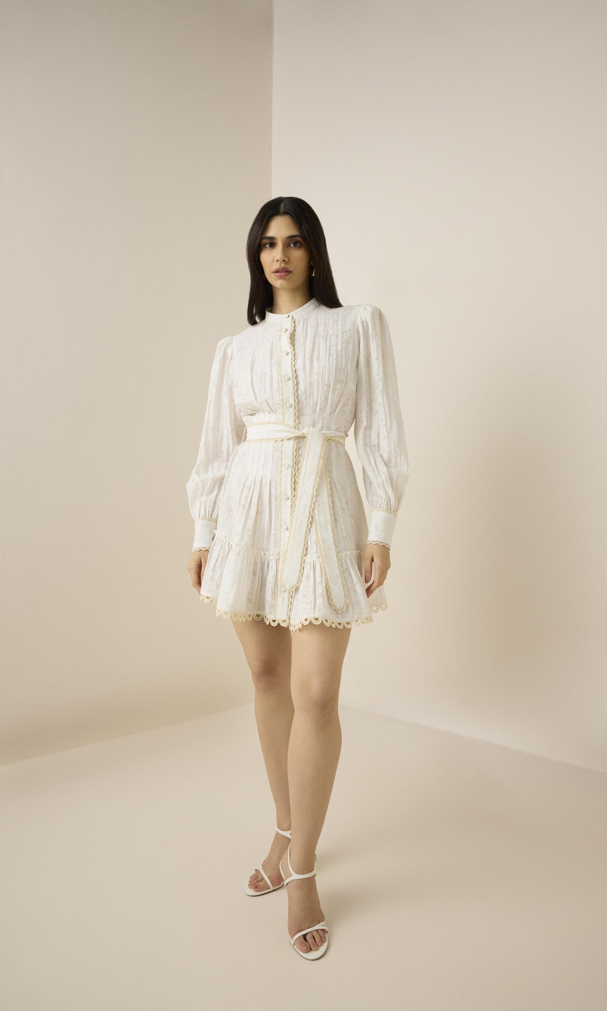 Womens | Anvi Viscose Nylon Jacquard Short Dress With Handcrafted Button And Tie Belt | White