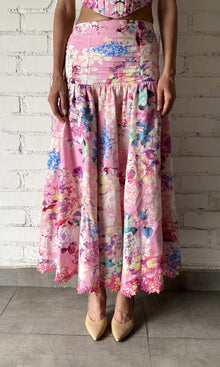 Womens | April Linen Cotton Long Skirt | Pink Floral