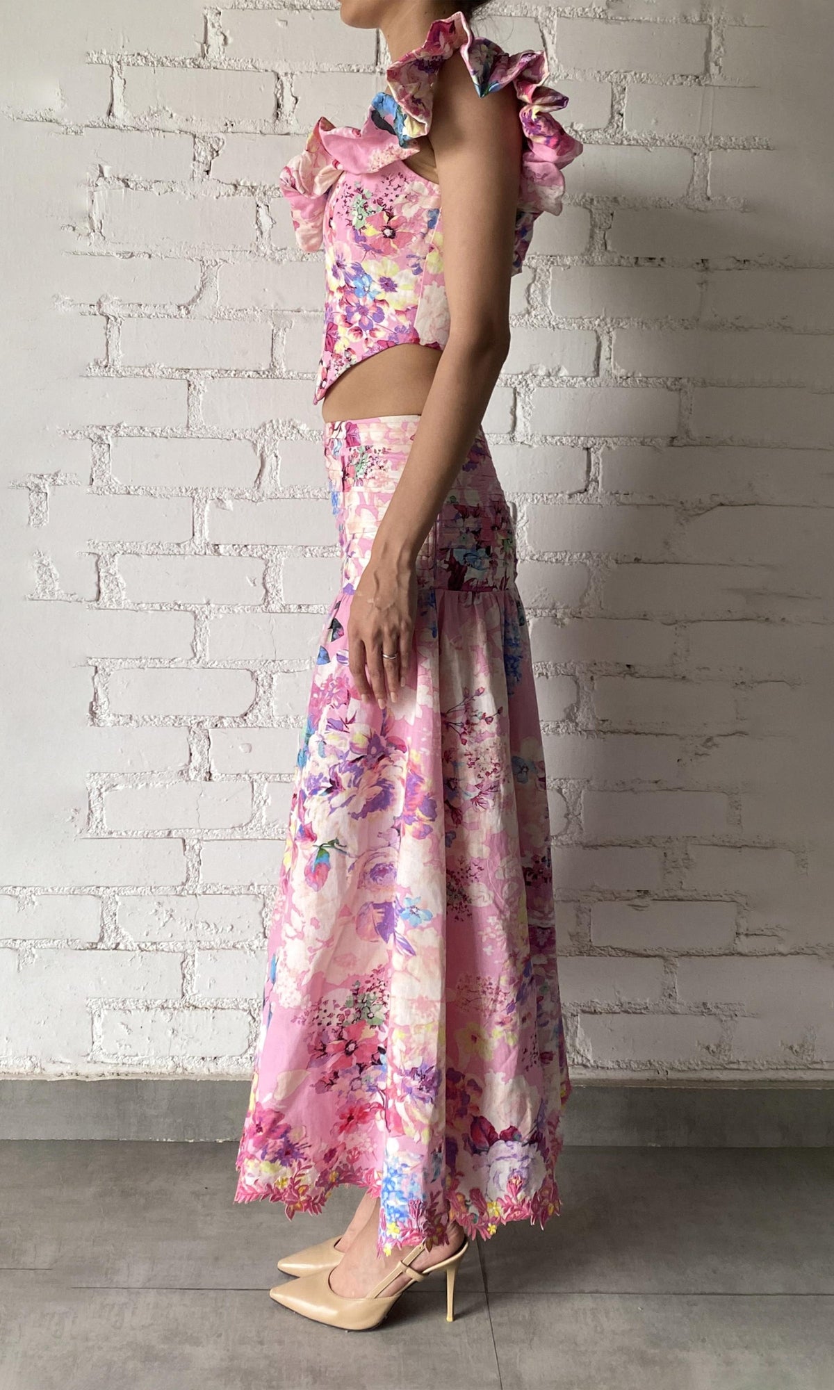 Womens | April Linen Cotton Long Skirt | Pink Floral