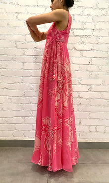 Womens | Asha Viscose Crinkle Chiffon Long Dress With Side Tie Knots | Pink Floral
