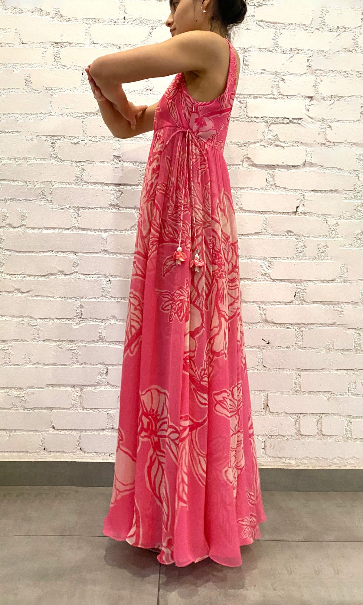 Womens | Asha Viscose Crinkle Chiffon Long Dress With Side Tie Knots | Pink Floral