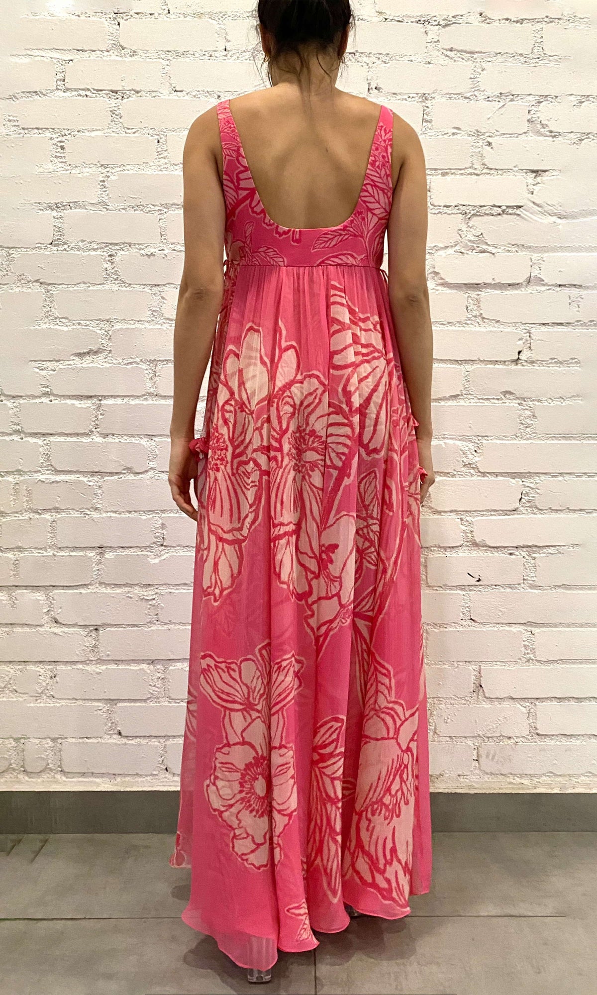 Womens | Asha Viscose Crinkle Chiffon Long Dress With Side Tie Knots | Pink Floral