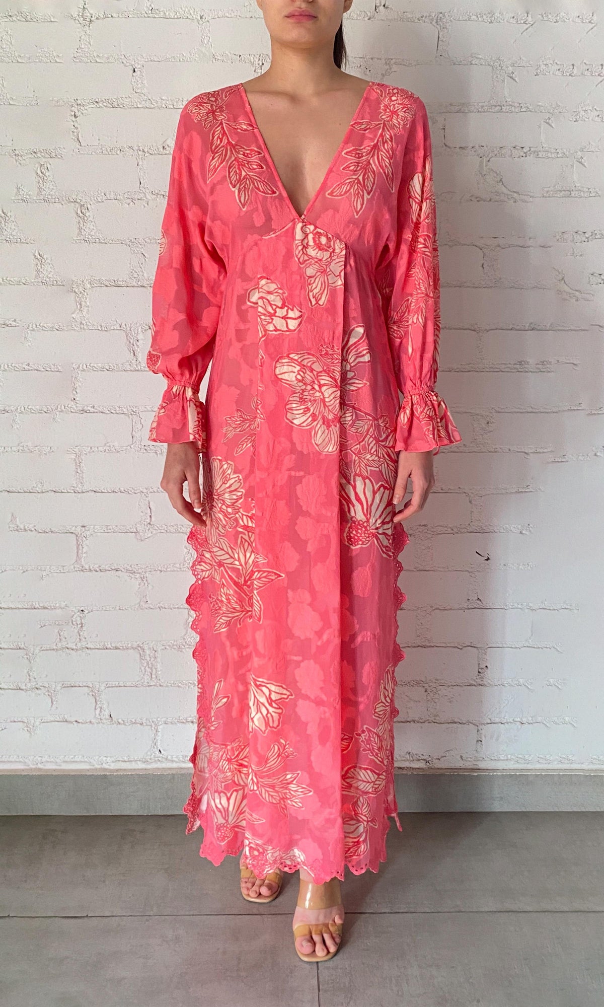 Womens | Asha Viscose Flower Jacquard Kaftan With Printed Slip | Pink Floral