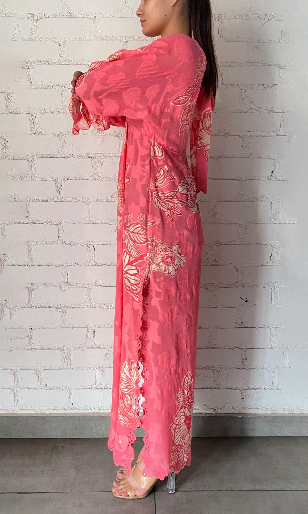 Womens | Asha Viscose Flower Jacquard Kaftan With Printed Slip | Pink Floral