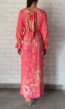 Womens | Asha Viscose Flower Jacquard Kaftan With Printed Slip | Pink Floral