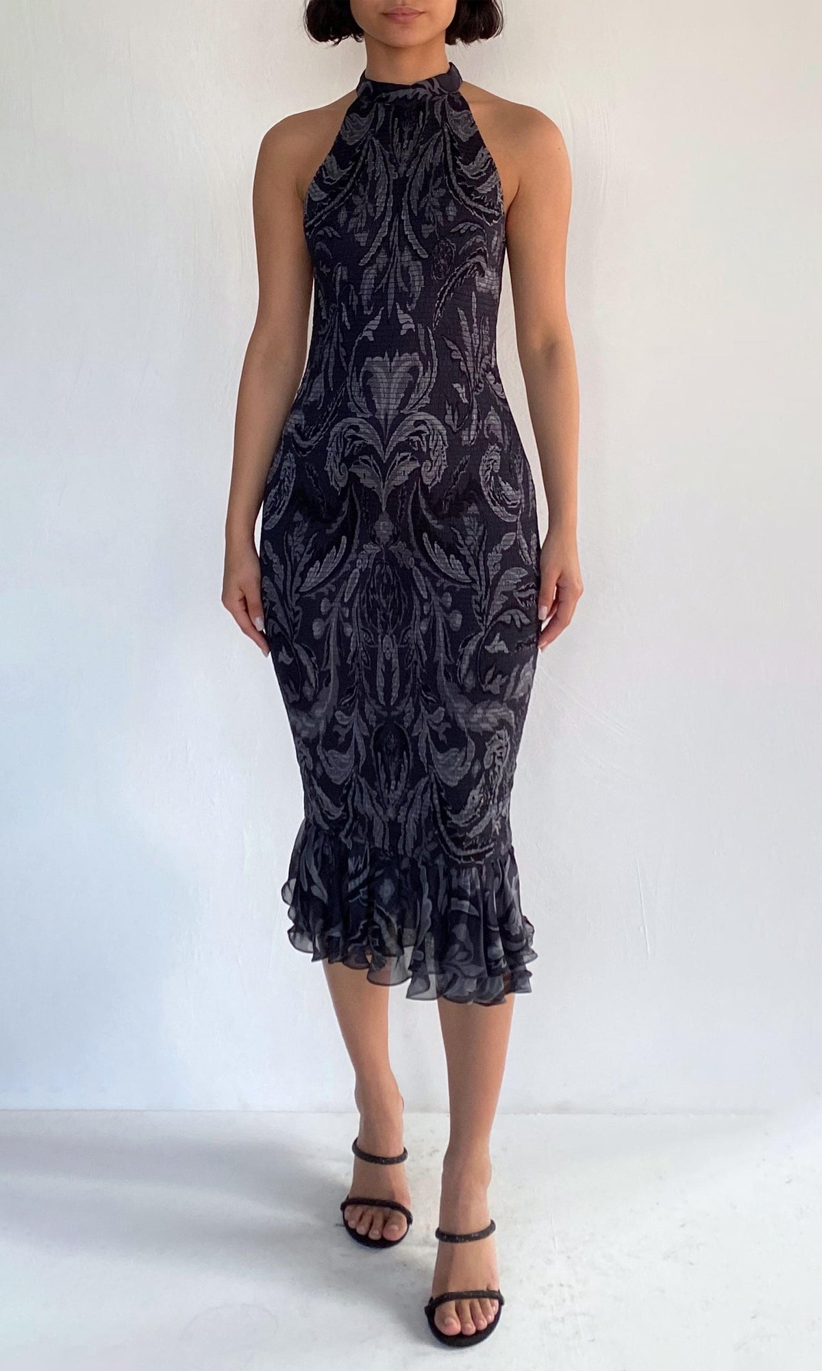 Womens | Atri Viscose Flat Chiffon Halter Neck Smocked Midi Dress | Grey