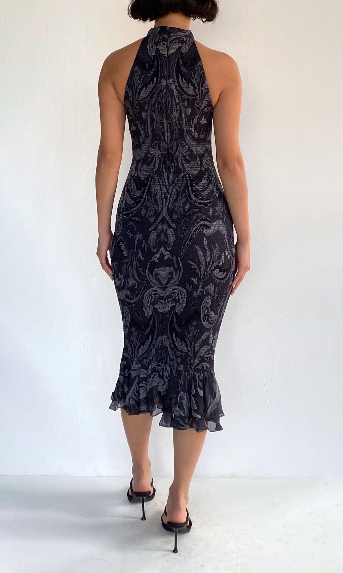 Womens | Atri Viscose Flat Chiffon Halter Neck Smocked Midi Dress | Grey