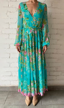 Womens | Azra Viscose Crinkle Chiffon Long Dress | Teal Floral