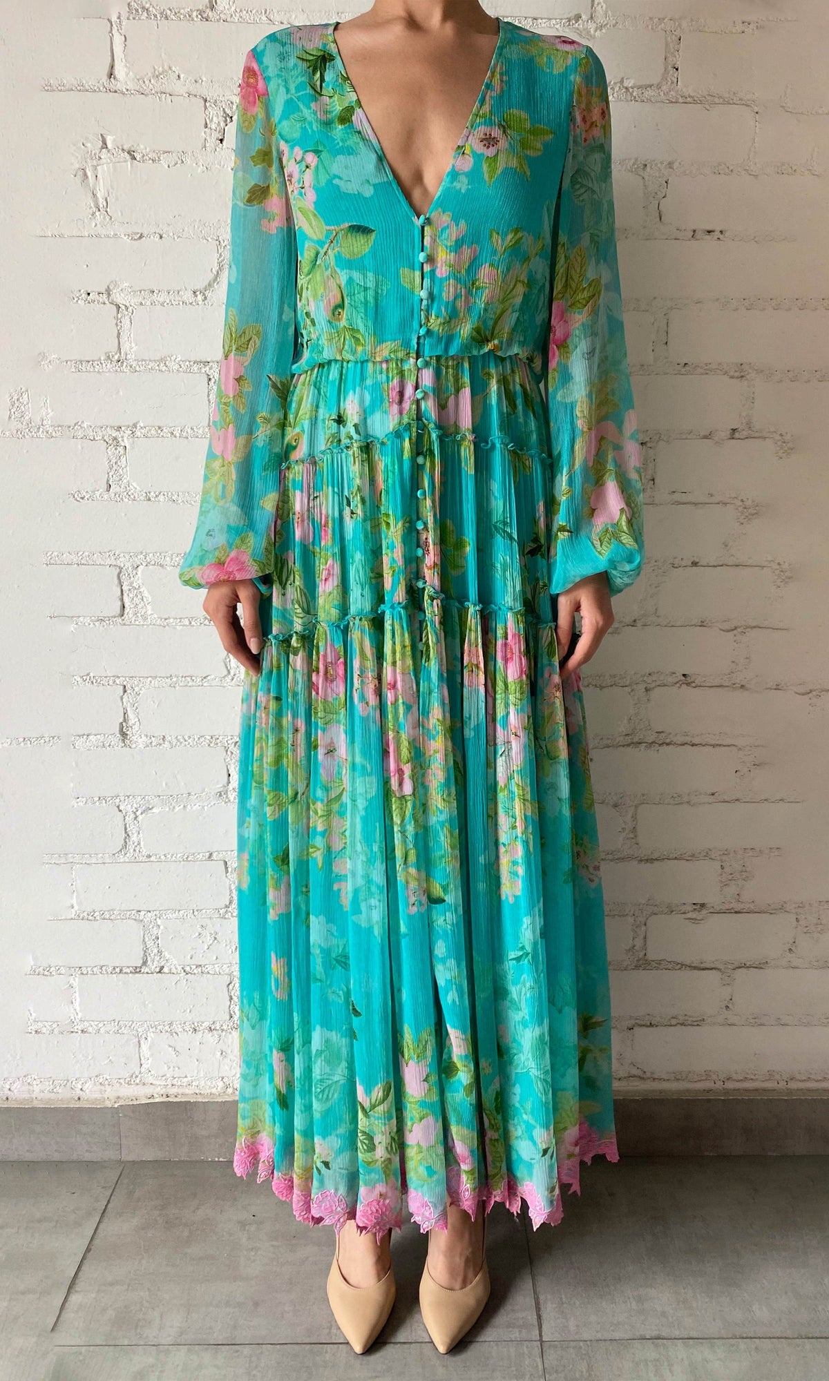 Womens | Azra Viscose Crinkle Chiffon Long Dress | Teal Floral