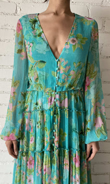 Womens | Azra Viscose Crinkle Chiffon Long Dress | Teal Floral