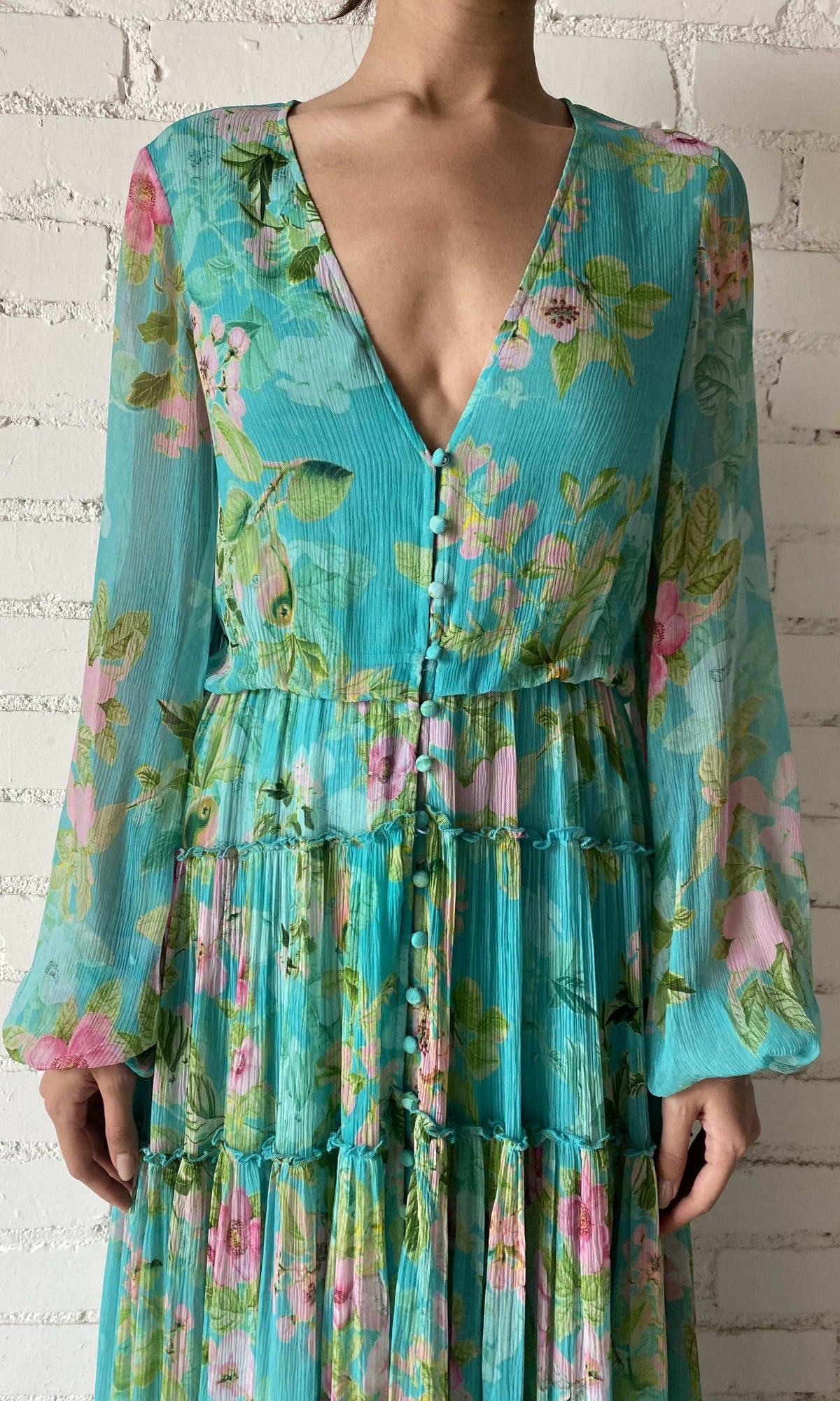 Womens | Azra Viscose Crinkle Chiffon Long Dress | Teal Floral