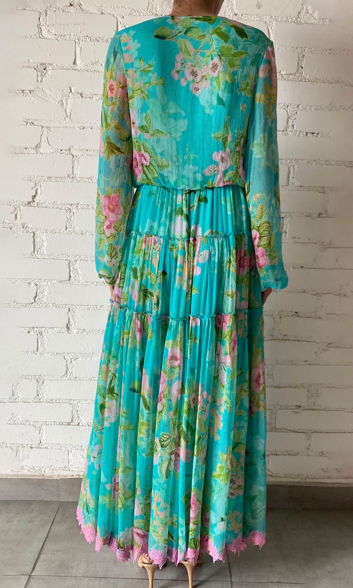 Womens | Azra Viscose Crinkle Chiffon Long Dress | Teal Floral