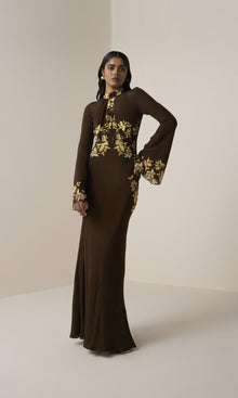 Womens | Bota Viscose Natural Crepe Long Ruffle Kaftan | Brown